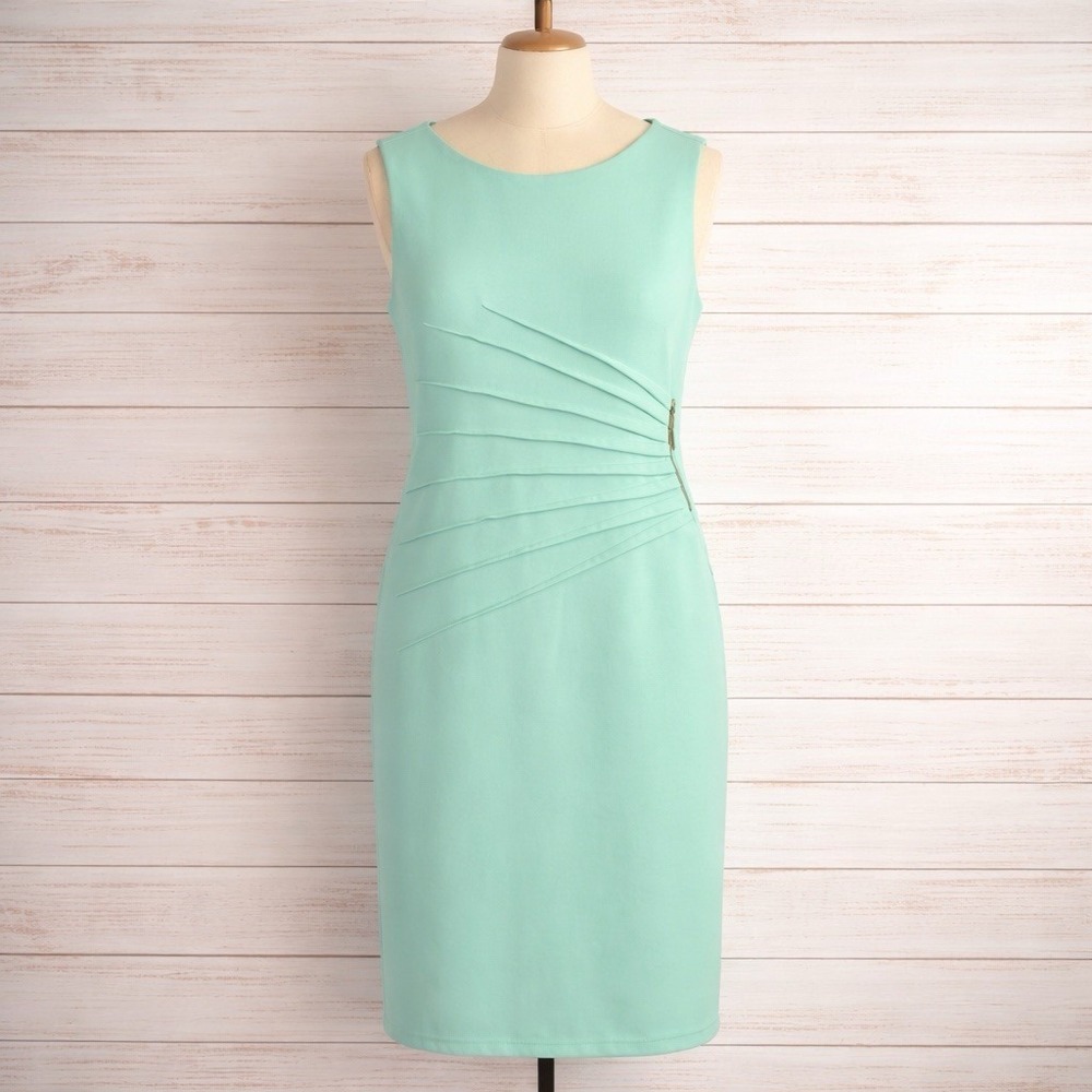 Ivanka Trump Dress 16 Sleeveless Sheath Mint‎ Green Slimming Sexy Gold Zip